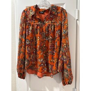 Fate Orange Floral Print Sheer Long Sleeve Button Up Blouse Top Women's Large